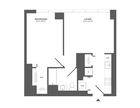 Floor plan for 1 bed, 1 bath, 629 sqft